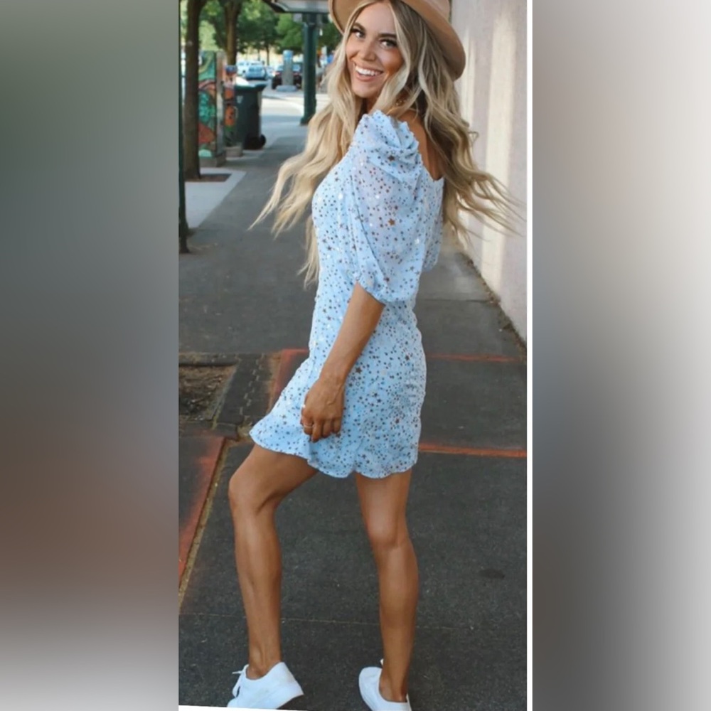 Buddy Love Blue Puff Sleeve Star Print Mini Dress Womens M Blogger Favorite